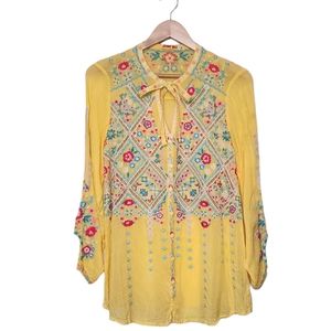Johnny Was Citron Yellow Embroidered Button Up Arges Georgette Tunic Blo…
